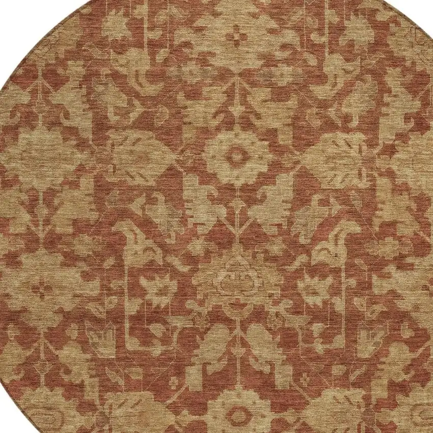 8' Rust And Beige Round Floral Washable Indoor Outdoor Area Rug Photo 2