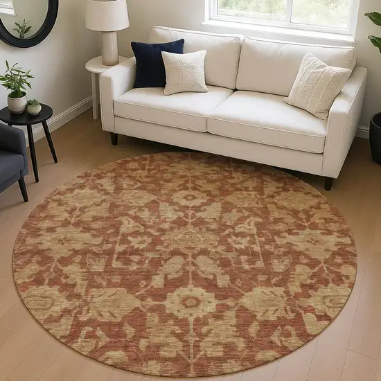 8' Rust And Beige Round Floral Washable Indoor Outdoor Area Rug Photo 5