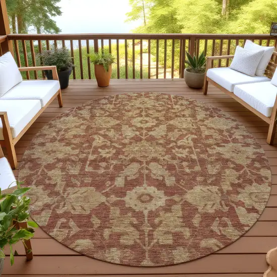 8' Rust And Beige Round Floral Washable Indoor Outdoor Area Rug Photo 4