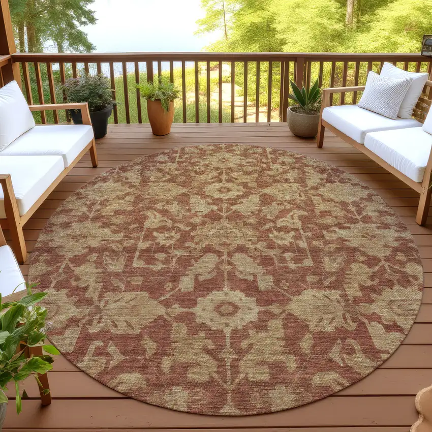8' Rust And Beige Round Floral Washable Indoor Outdoor Area Rug Photo 4