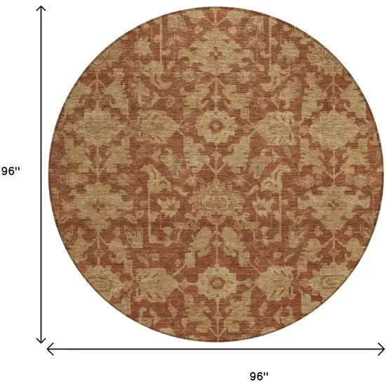 8' Rust And Beige Round Floral Washable Indoor Outdoor Area Rug Photo 3
