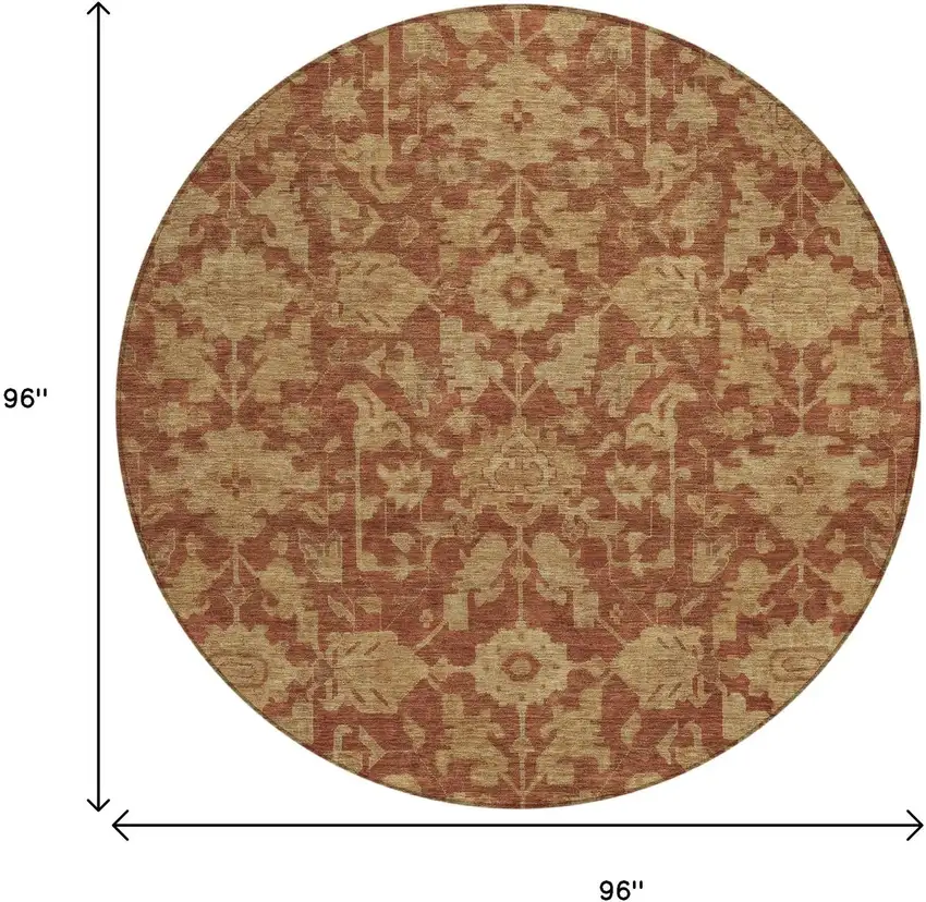 8' Rust And Beige Round Floral Washable Indoor Outdoor Area Rug Photo 3