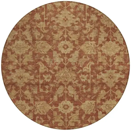 8' Rust And Beige Round Floral Washable Indoor Outdoor Area Rug Photo 3