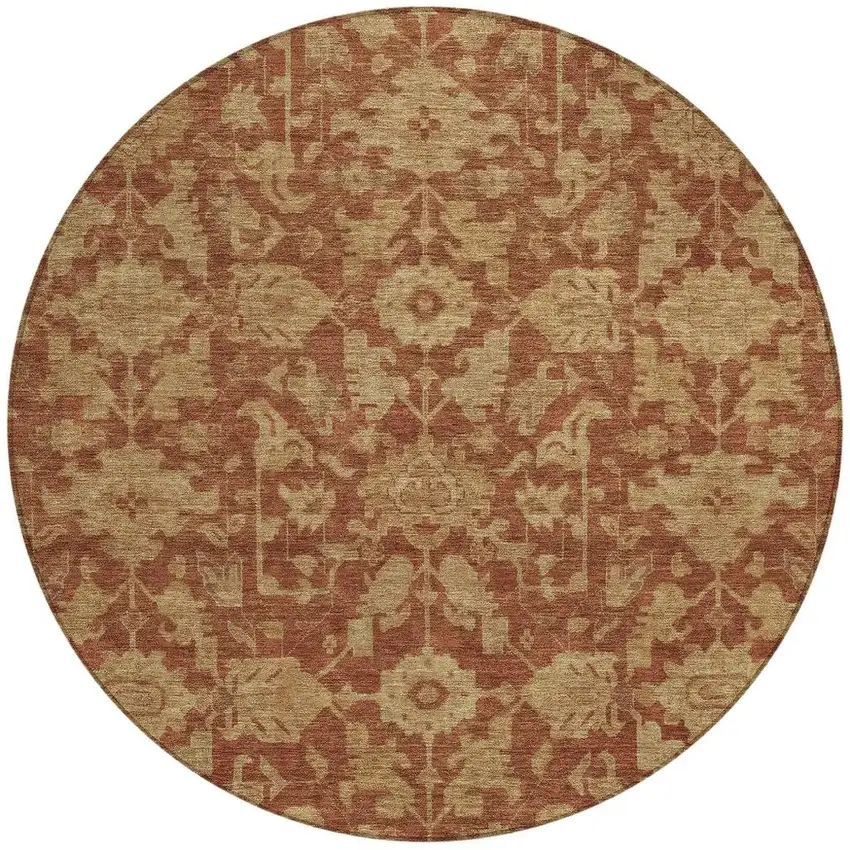 8' Rust And Beige Round Floral Washable Indoor Outdoor Area Rug Photo 3