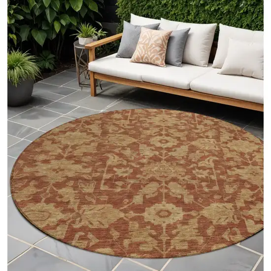 8' Rust And Beige Round Floral Washable Indoor Outdoor Area Rug Photo 1