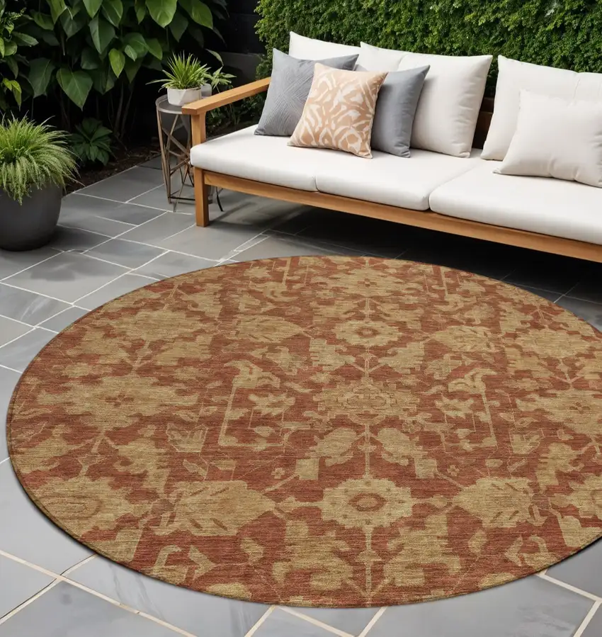 8' Rust And Beige Round Floral Washable Indoor Outdoor Area Rug Photo 1
