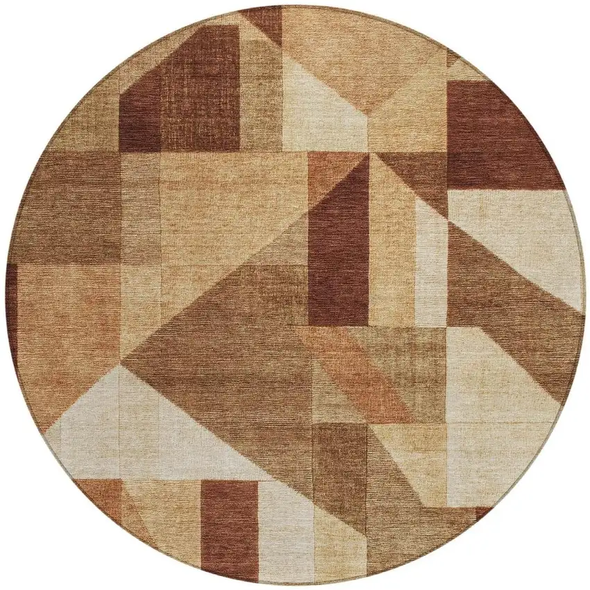 8' Rust And Beige Round Geometric Washable Indoor Outdoor Area Rug Photo 3