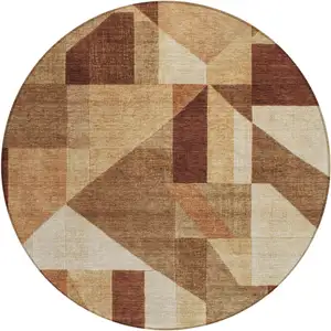 Photo of 8' Rust And Beige Round Geometric Washable Indoor Outdoor Area Rug