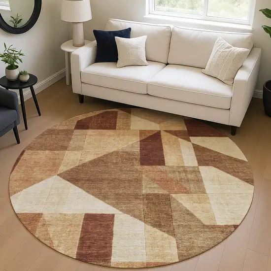 8' Rust And Beige Round Geometric Washable Indoor Outdoor Area Rug Photo 5