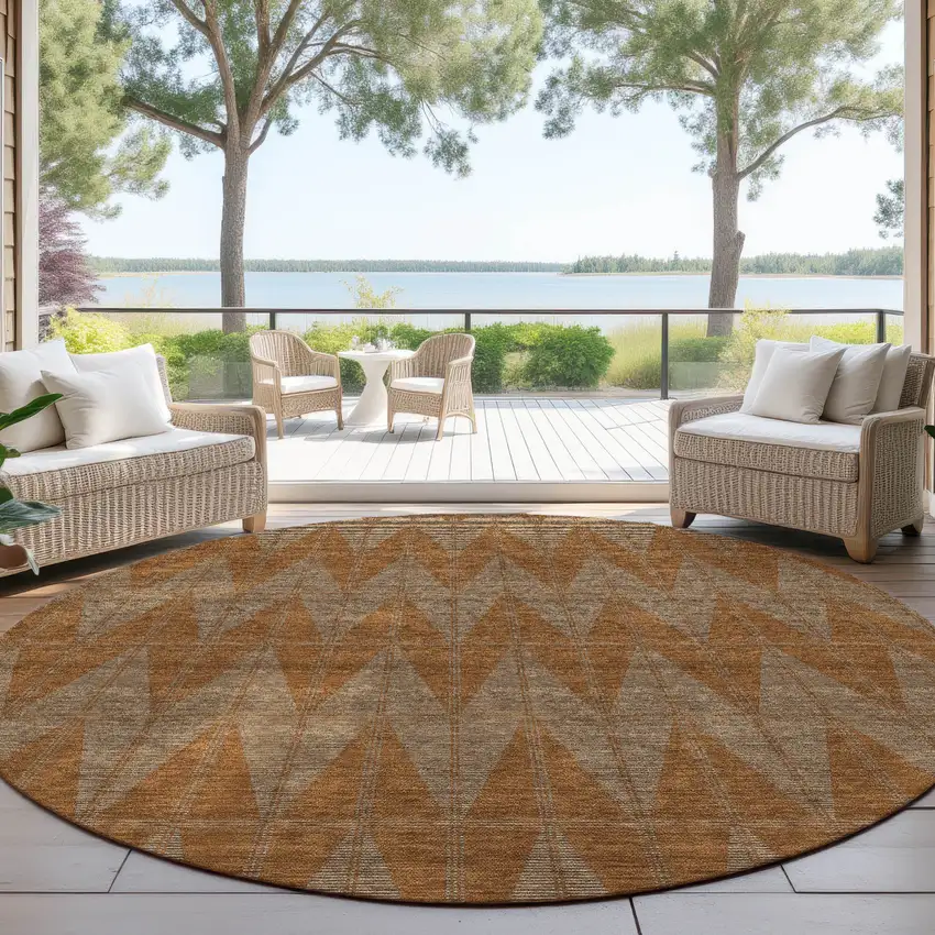 8' Rust And Beige Round Geometric Washable Indoor Outdoor Area Rug Photo 4