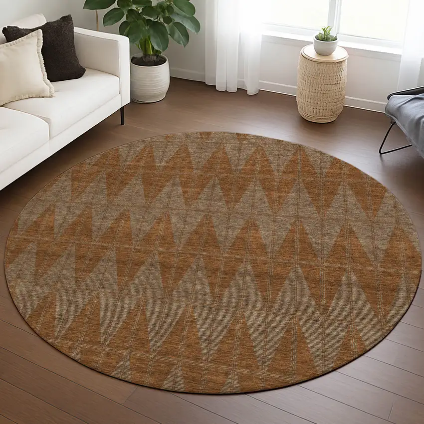 8' Rust And Beige Round Geometric Washable Indoor Outdoor Area Rug Photo 5