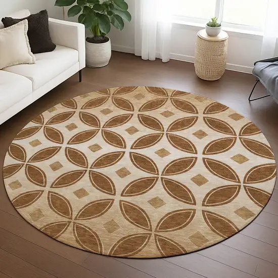 8' Rust And Beige Round Geometric Washable Indoor Outdoor Area Rug Photo 5