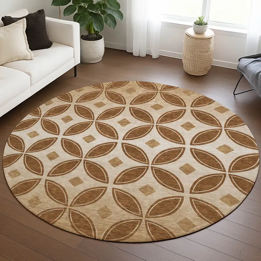 8' Rust And Beige Round Geometric Washable Indoor Outdoor Area Rug Photo 5