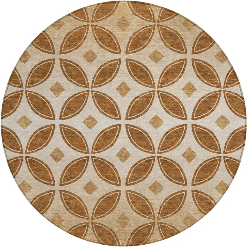8' Rust And Beige Round Geometric Washable Indoor Outdoor Area Rug Photo 1