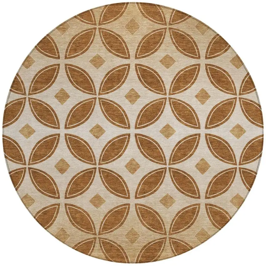 8' Rust And Beige Round Geometric Washable Indoor Outdoor Area Rug Photo 3