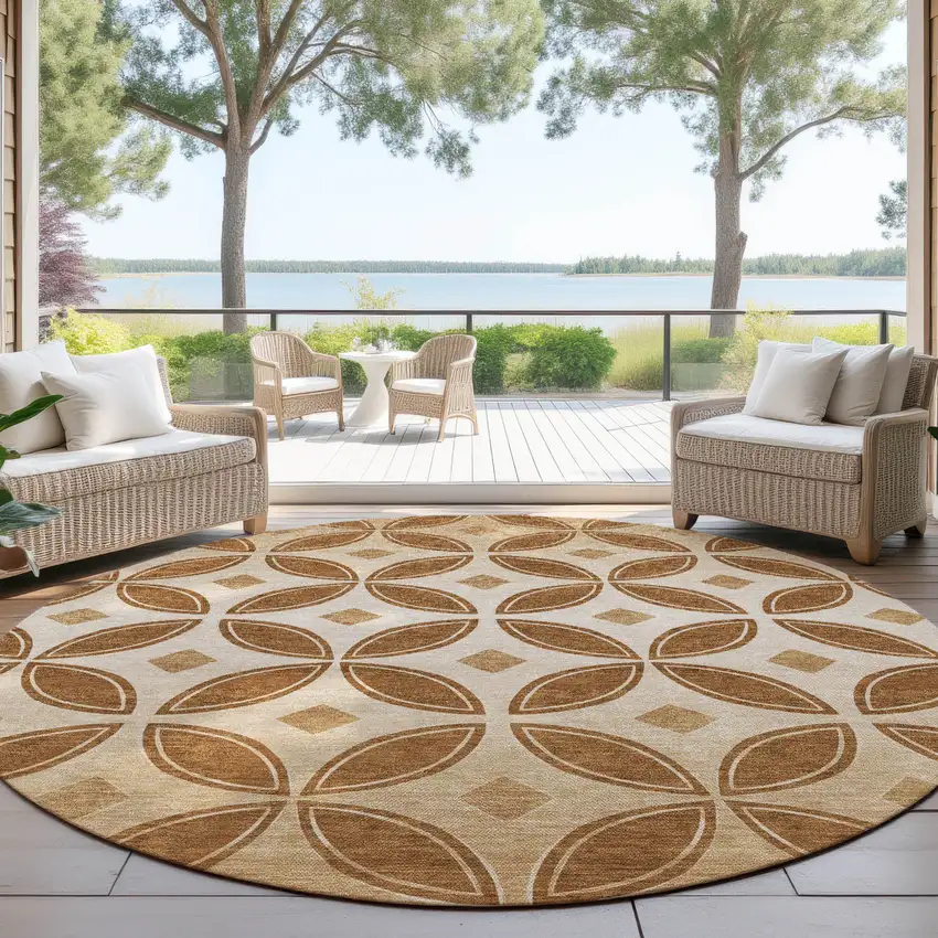 8' Rust And Beige Round Geometric Washable Indoor Outdoor Area Rug Photo 4