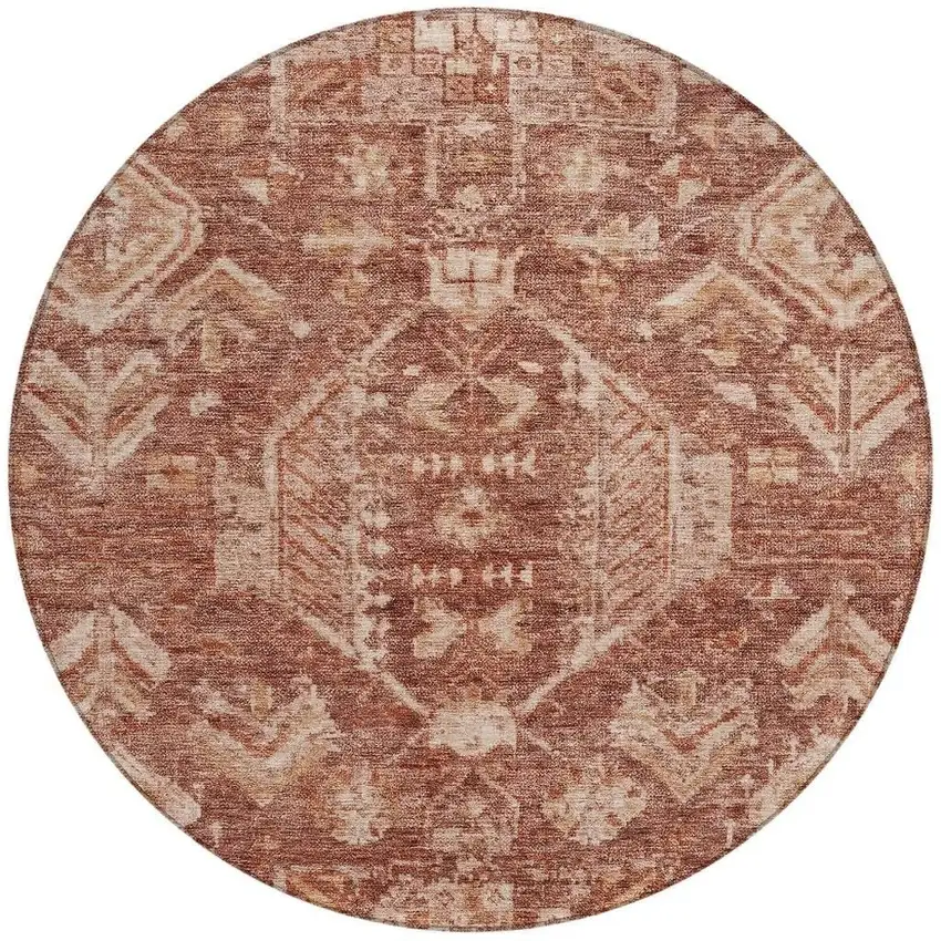 8' Rust And Beige Round Medallion Washable Indoor Outdoor Area Rug Photo 3