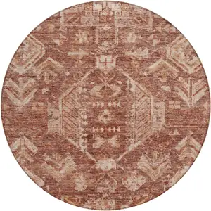 Photo of 8' Rust And Beige Round Medallion Washable Indoor Outdoor Area Rug