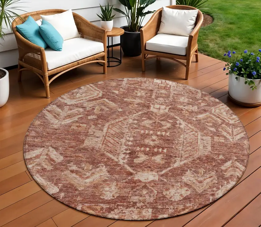 8' Rust And Beige Round Medallion Washable Indoor Outdoor Area Rug Photo 1