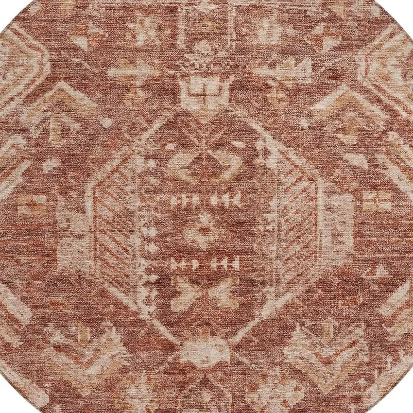 8' Rust And Beige Round Medallion Washable Indoor Outdoor Area Rug Photo 2