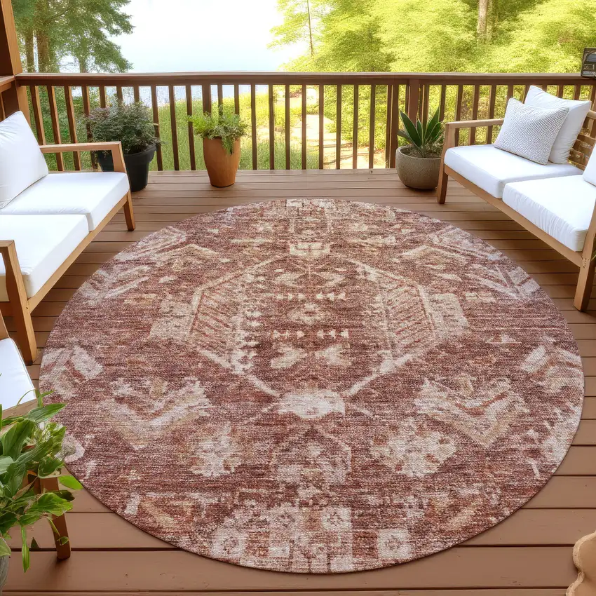 8' Rust And Beige Round Medallion Washable Indoor Outdoor Area Rug Photo 4