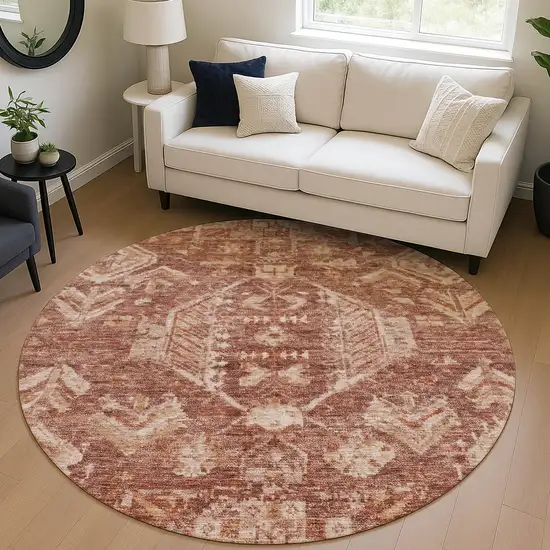8' Rust And Beige Round Medallion Washable Indoor Outdoor Area Rug Photo 5