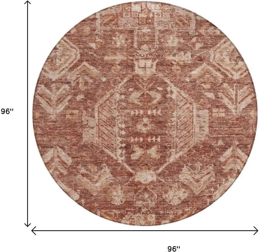 8' Rust And Beige Round Medallion Washable Indoor Outdoor Area Rug Photo 3