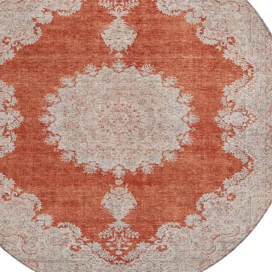 8' Rust And Beige Round Oriental Washable Indoor Outdoor Area Rug Photo 5