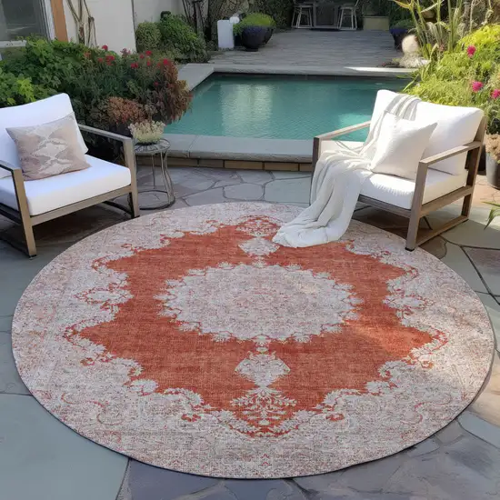 8' Rust And Beige Round Oriental Washable Indoor Outdoor Area Rug Photo 7