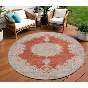 Photo of 8' Rust And Beige Round Oriental Washable Indoor Outdoor Area Rug