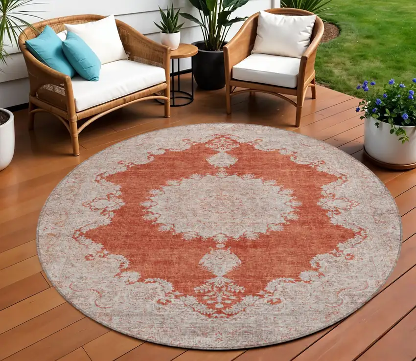 8' Rust And Beige Round Oriental Washable Indoor Outdoor Area Rug Photo 1
