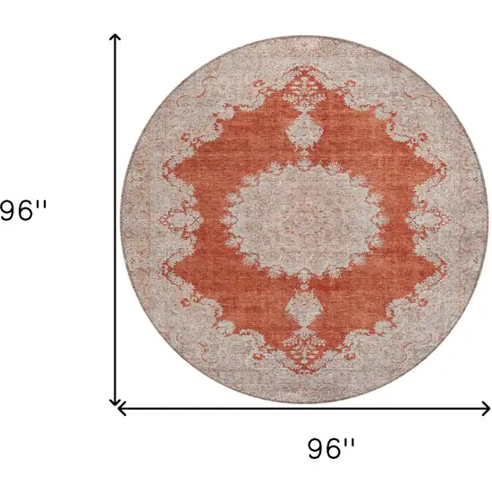 8' Rust And Beige Round Oriental Washable Indoor Outdoor Area Rug Photo 3