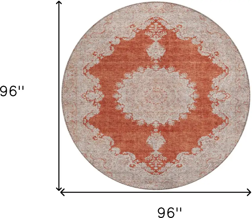 8' Rust And Beige Round Oriental Washable Indoor Outdoor Area Rug Photo 3