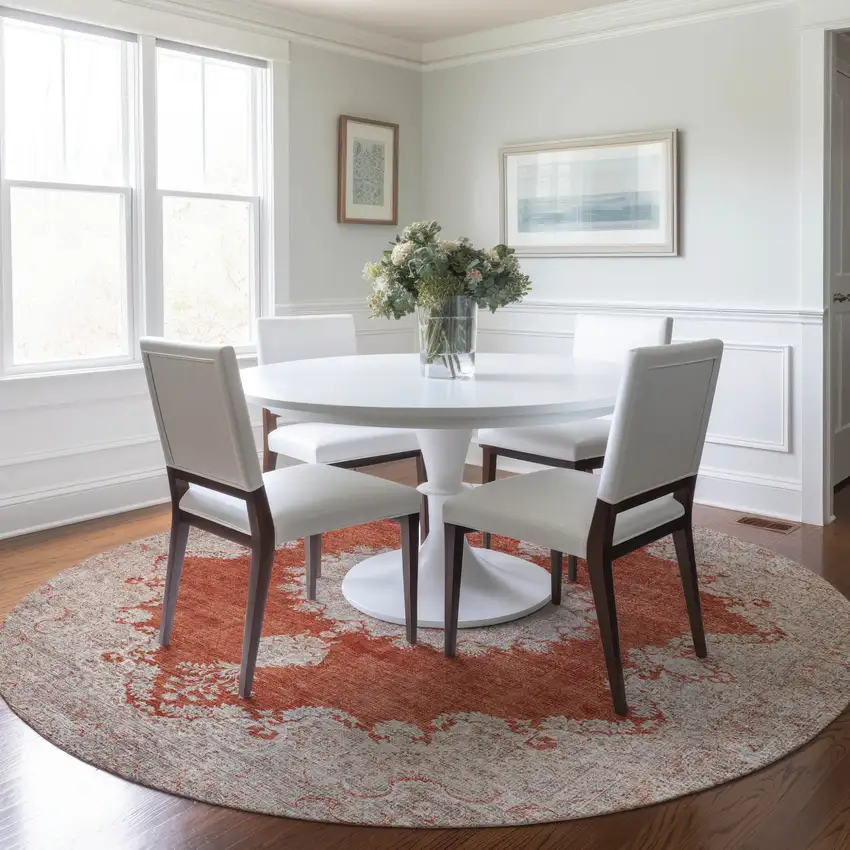 8' Rust And Beige Round Oriental Washable Indoor Outdoor Area Rug Photo 8