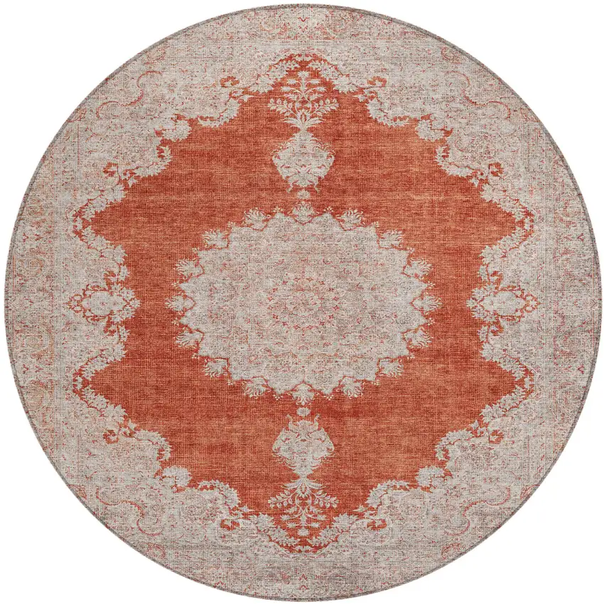 8' Rust And Beige Round Oriental Washable Indoor Outdoor Area Rug Photo 2