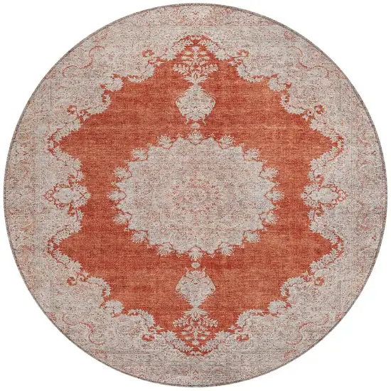 8' Rust And Beige Round Oriental Washable Indoor Outdoor Area Rug Photo 6