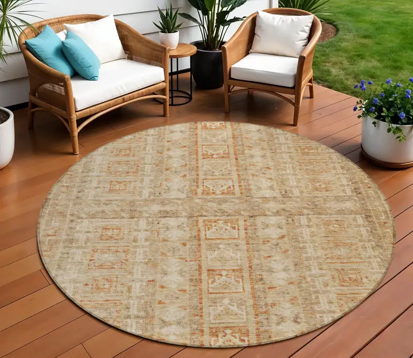 8' Rust And Beige Round Striped Washable Indoor Outdoor Area Rug Photo 2