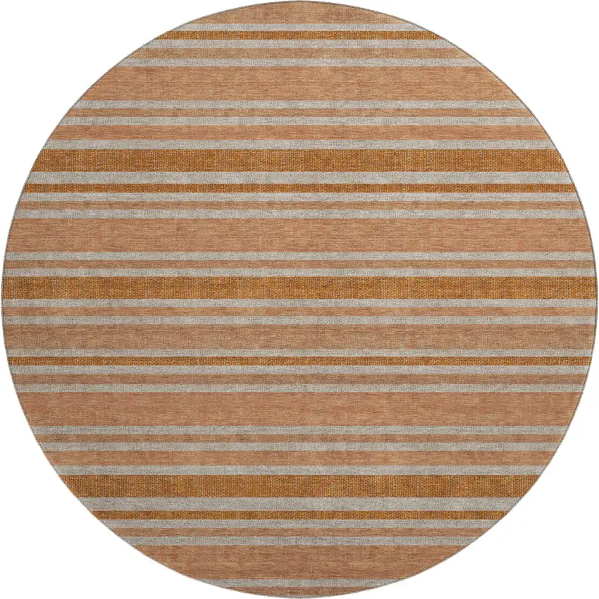 8' Rust And Beige Striped Washable Round Rug With UV Protection Photo 1