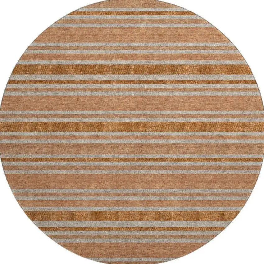 8' Rust And Beige Striped Washable Round Rug With UV Protection Photo 4