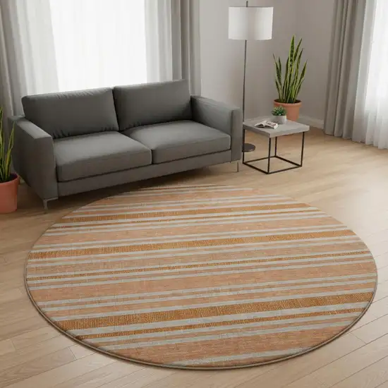 8' Rust And Beige Striped Washable Round Rug With UV Protection Photo 2