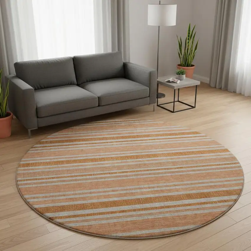 8' Rust And Beige Striped Washable Round Rug With UV Protection Photo 2
