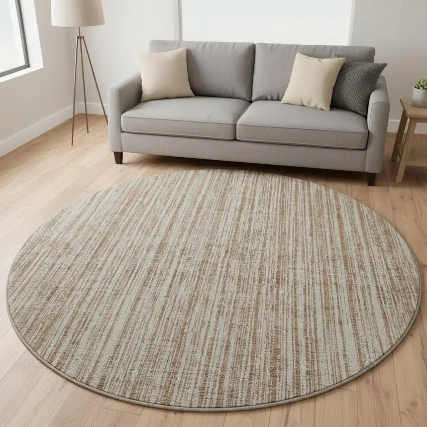 8' Rust And Beige Striped Washable Round Rug With UV Protection Photo 2