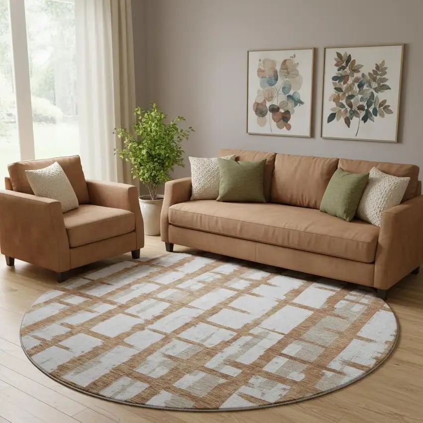 8' Rust And Beige Striped Washable Round Rug With UV Protection Photo 1