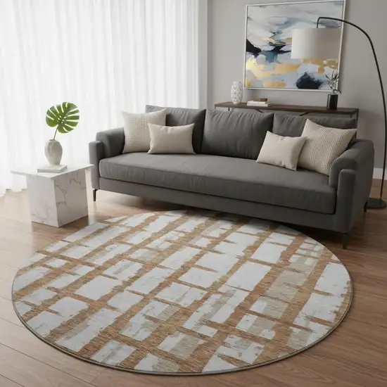 8' Rust And Beige Striped Washable Round Rug With UV Protection Photo 2