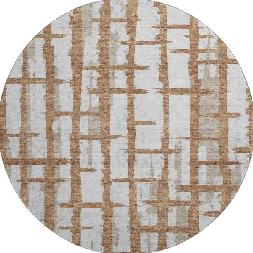 8' Rust And Beige Striped Washable Round Rug With UV Protection Photo 3