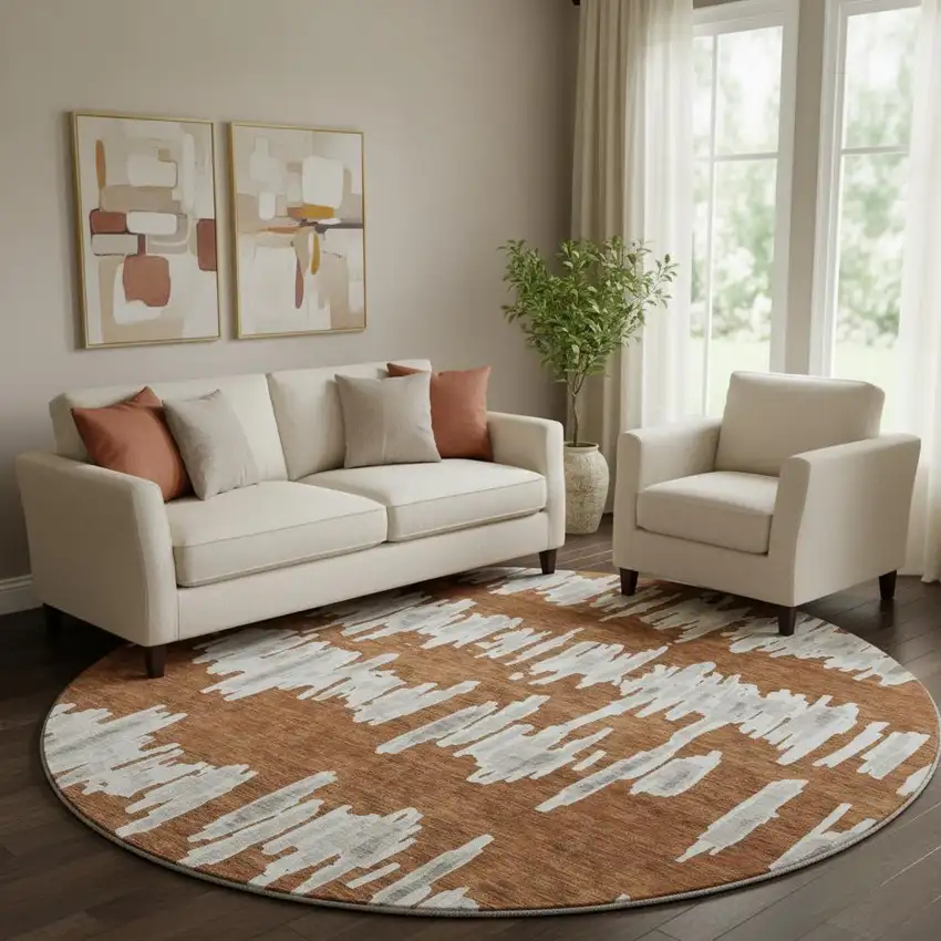 8' Rust And Beige Striped Washable Round Rug With UV Protection Photo 1