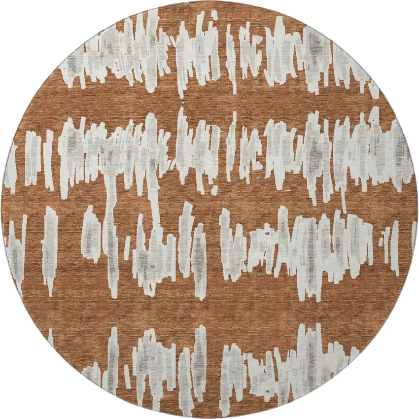8' Rust And Beige Striped Washable Round Rug With UV Protection Photo 3