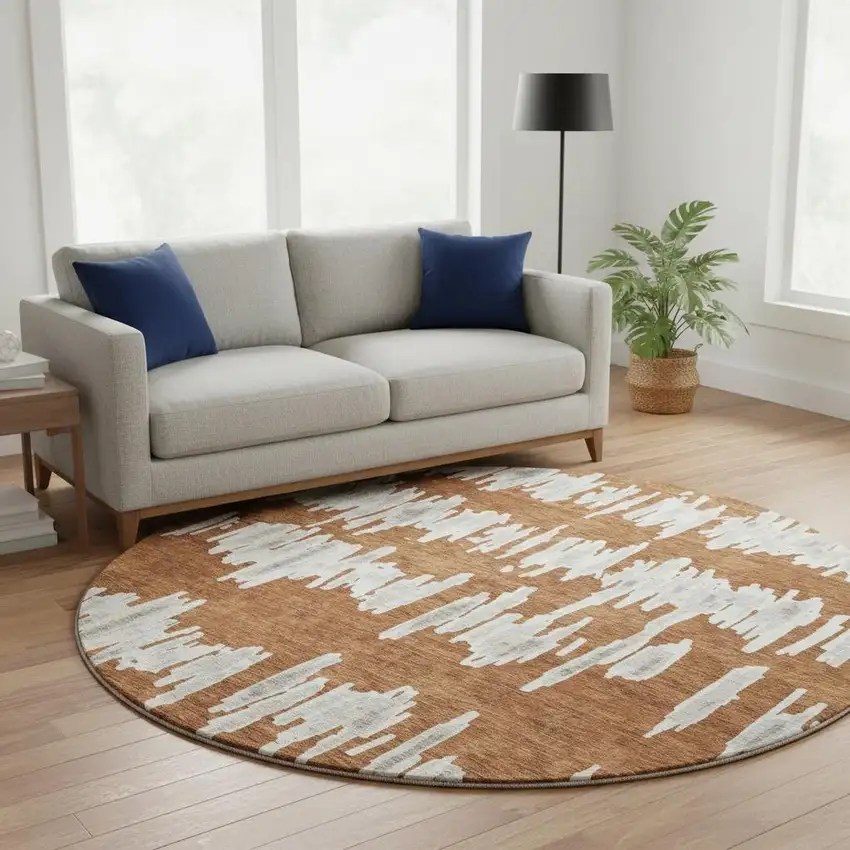 8' Rust And Beige Striped Washable Round Rug With UV Protection Photo 2