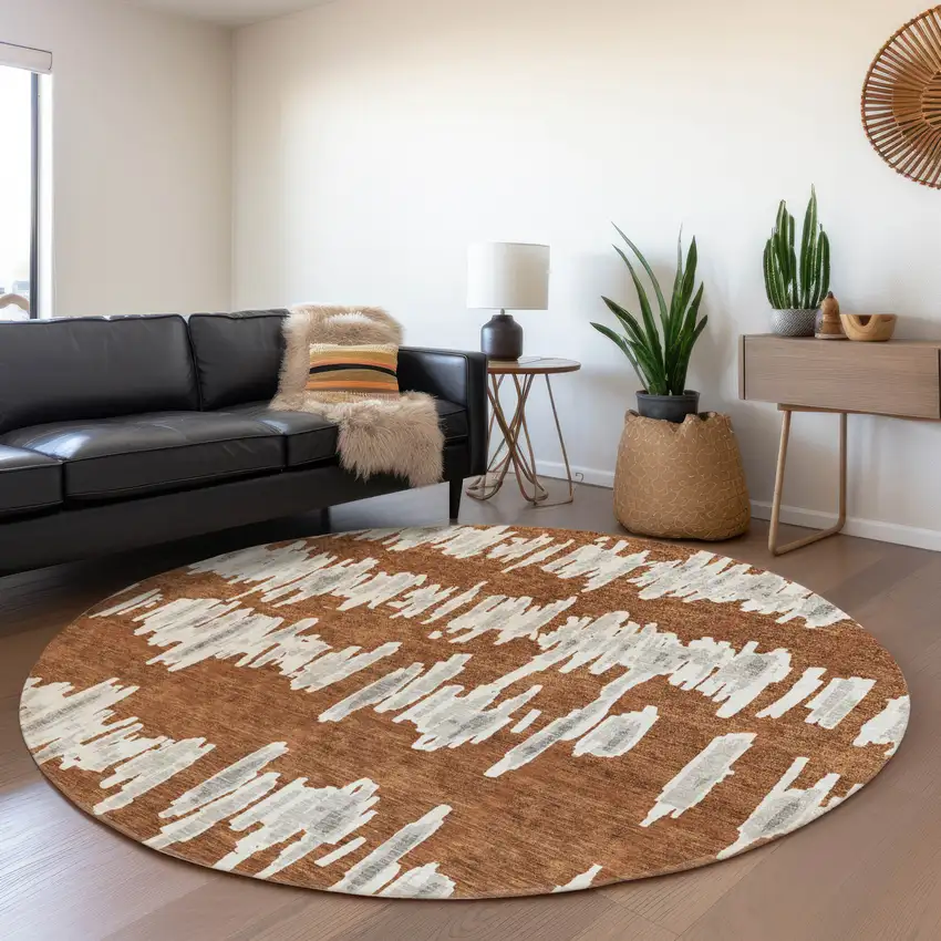 8' Rust And Beige Striped Washable Round Rug With UV Protection Photo 4
