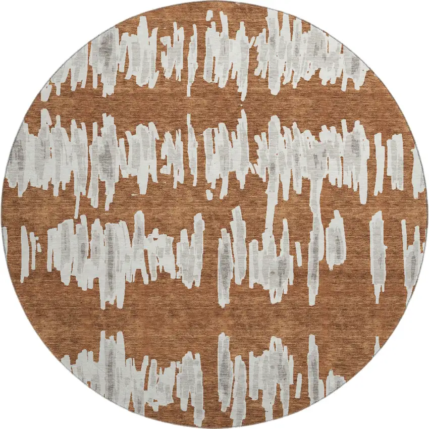 8' Rust And Beige Striped Washable Round Rug With UV Protection Photo 1
